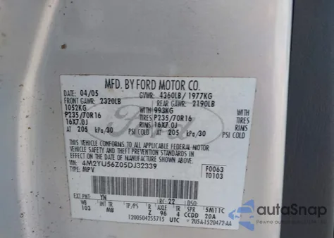 2005 Mercury Mariner Convenience from USA, damaged, VIN 4M2YU56Z05DJ32339